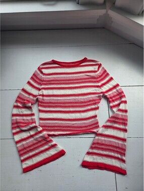 Striped Knit Pullover Sweater with Bell Sleeves